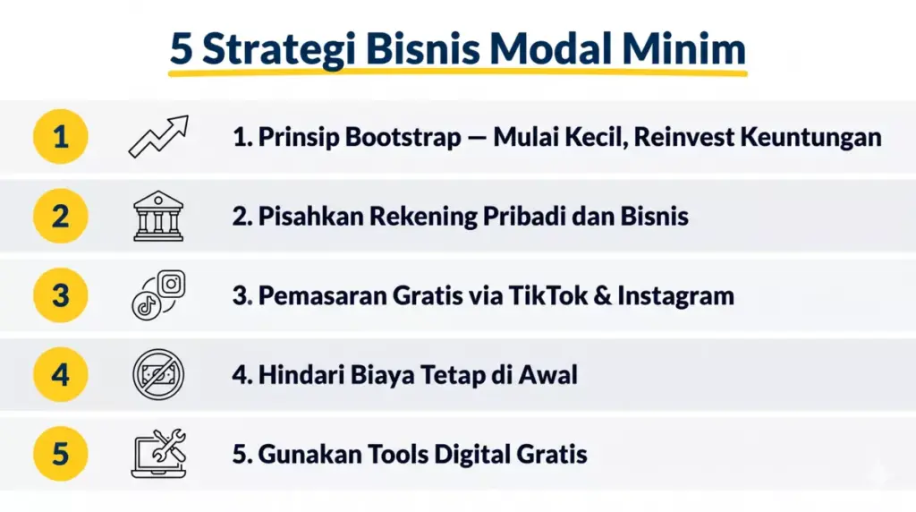 Infografis checklist lima strategi menjalankan bisnis mahasiswa dengan modal minim termasuk bootstrap dan pemasaran gratis