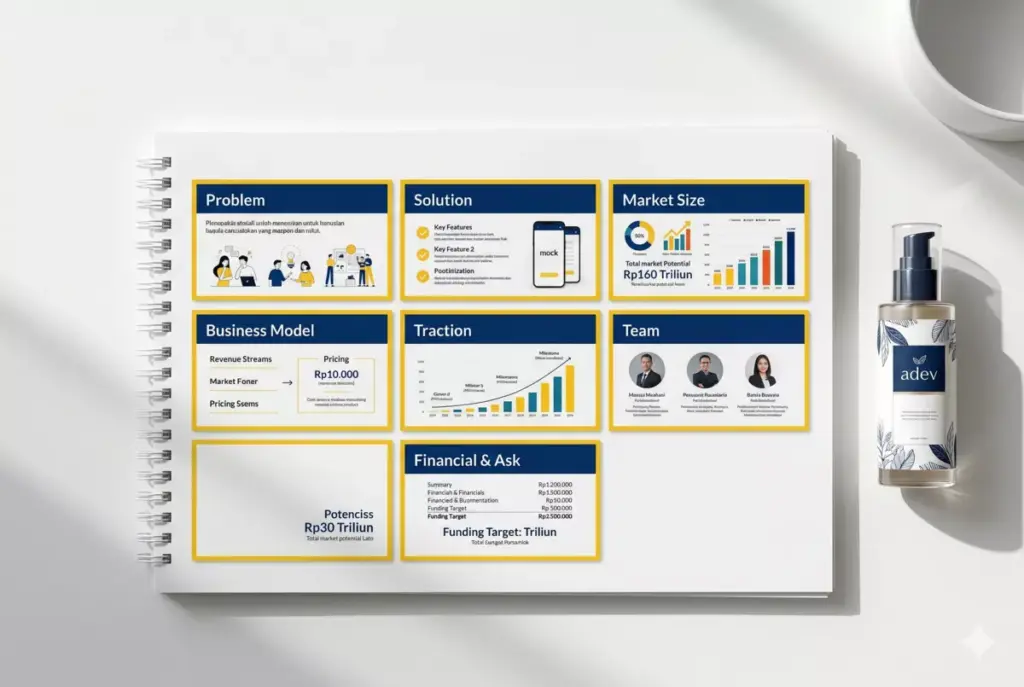 Mockup pitch deck 7 slide bisnis kosmetik mahasiswa: problem, solution, market size, business model, traction, team, financial and ask