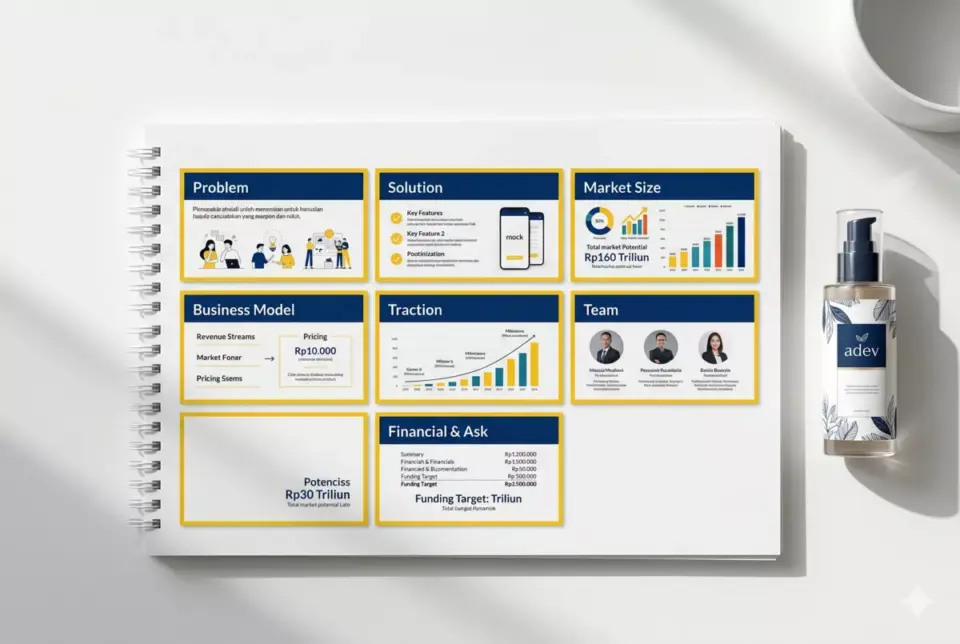 Mockup pitch deck 7 slide bisnis kosmetik mahasiswa: problem, solution, market size, business model, traction, team, financial and ask