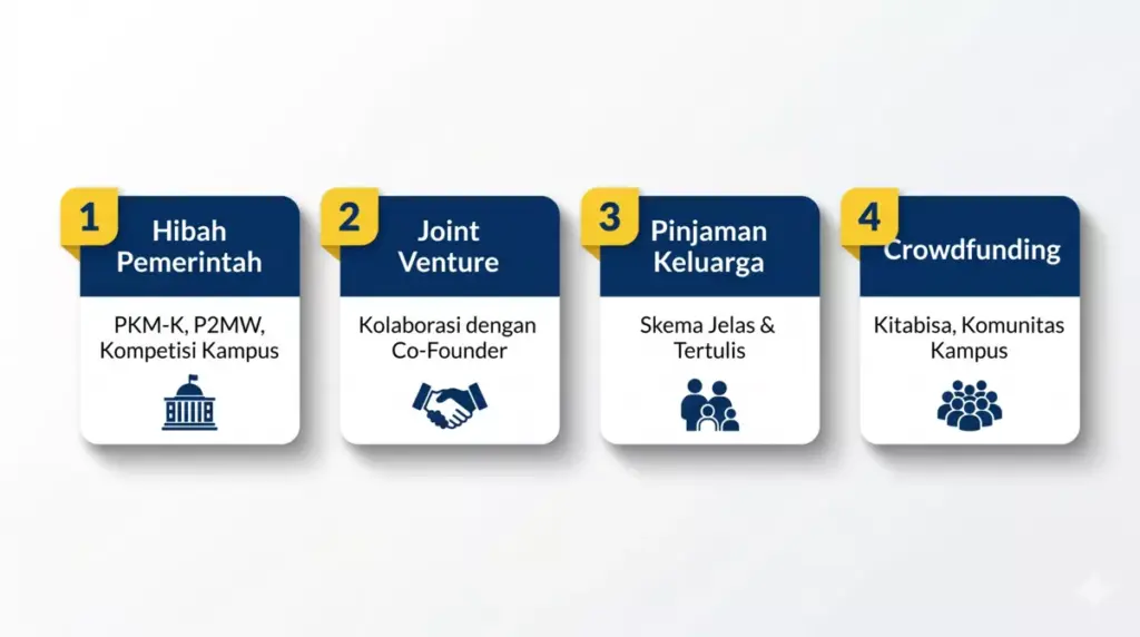 Infografis empat sumber modal alternatif mahasiswa: hibah pemerintah, joint venture, pinjaman keluarga, dan crowdfunding