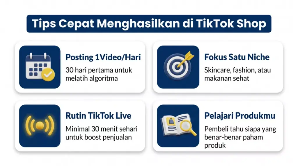 Infografis 4 tips cepat menghasilkan di TikTok Shop: posting rutin, fokus niche, TikTok Live, dan pahami produk
