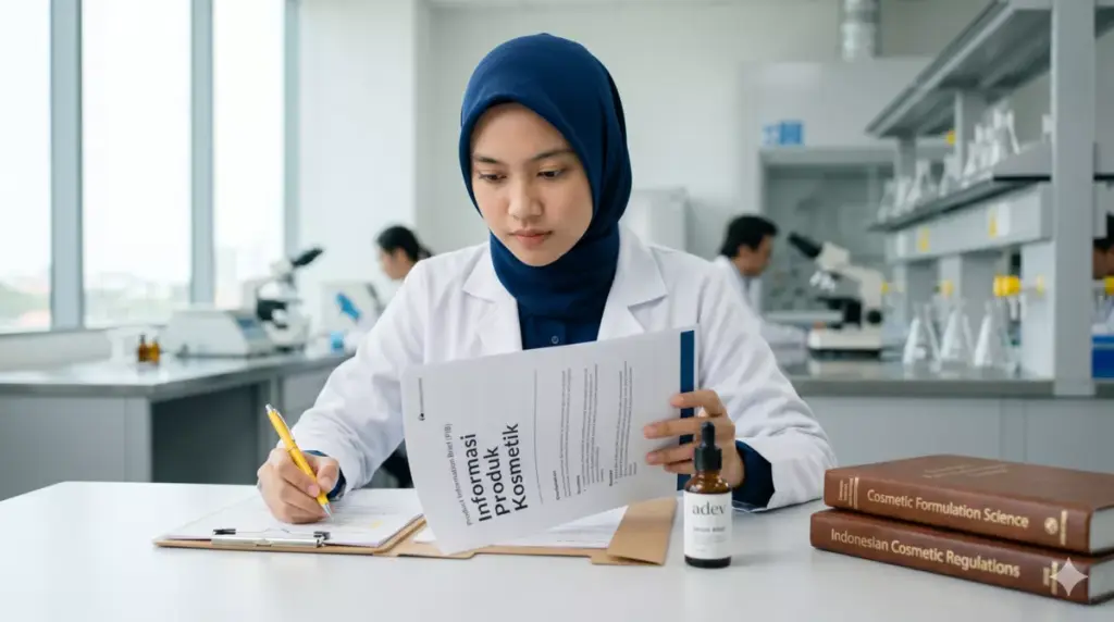Mahasiswi farmasi berhijab mereview dokumen Product Information Brief sebelum tanda tangan kontrak maklon kosmetik