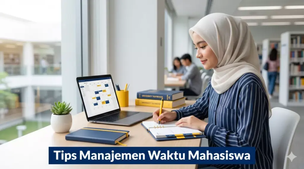 Mahasiswa perempuan berhijab mencatat jadwal di meja belajar rapi dengan laptop dan planner untuk manajemen waktu