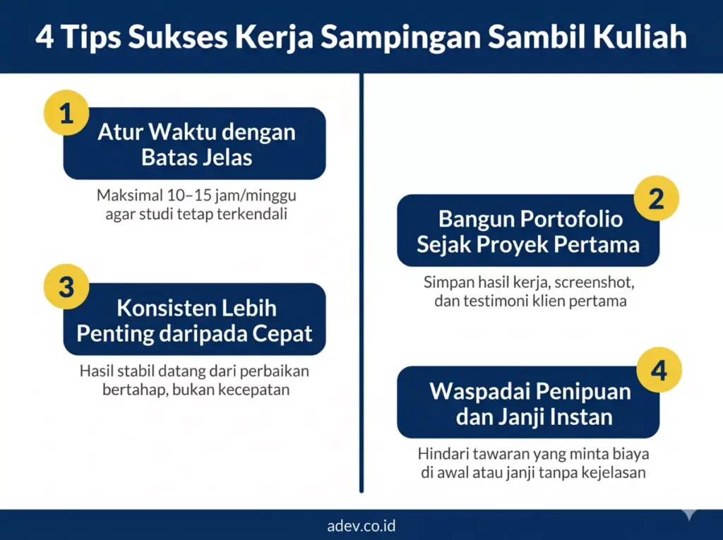 Infografis 4 tips sukses kerja sampingan sambil kuliah: atur waktu, portofolio, konsisten, waspada penipuan