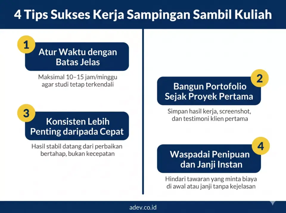 Infografis 4 tips sukses kerja sampingan sambil kuliah: atur waktu, portofolio, konsisten, waspada penipuan
