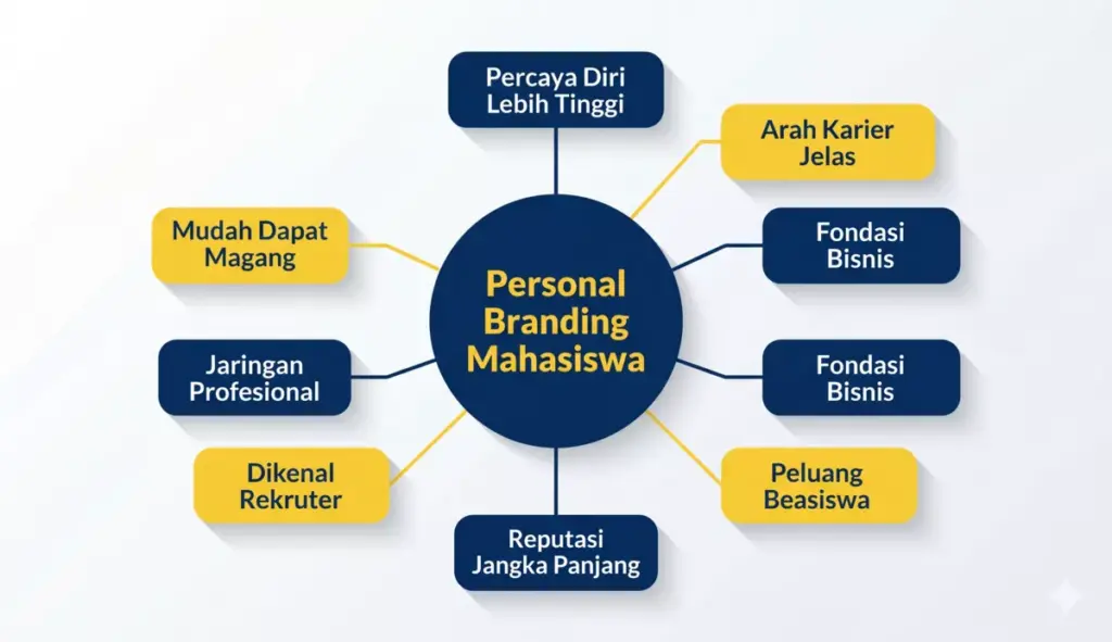 Mindmap tujuan dan manfaat personal branding bagi mahasiswa mencakup karier, jaringan, kepercayaan diri, dan peluang bisnis