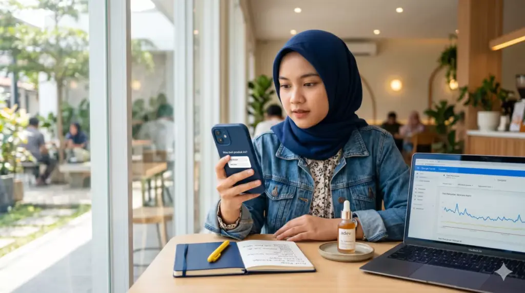 Mahasiswi Indonesia melakukan riset pasar sederhana via Instagram dan Google Trends sebelum memulai bisnis