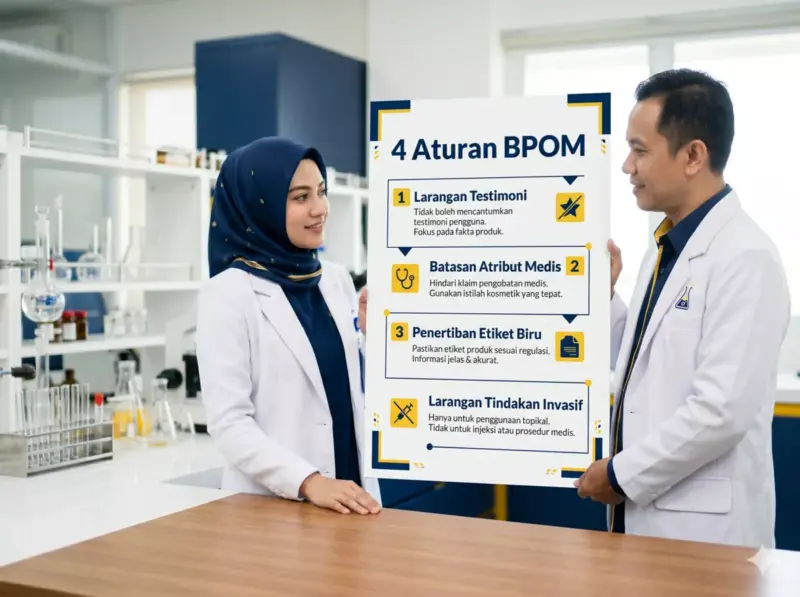 Infografis 4 poin utama regulasi BPOM terkait pembatasan promosi dan penjualan skincare oleh tenaga medis.