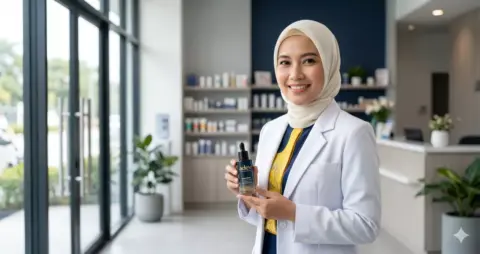 Dokter kulit perempuan berhijab memegang produk skincare bermerek sendiri di klinik modern