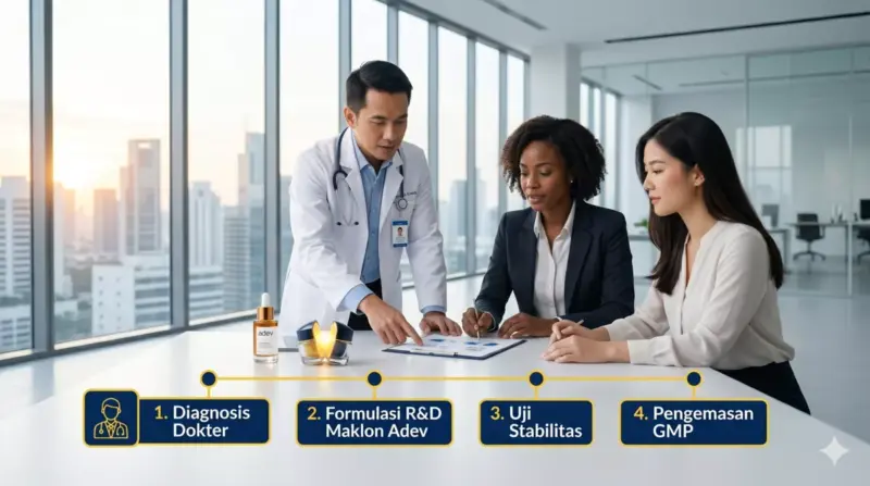 Timeline alur produksi skincare dokter legal melalui kerja sama R&D dengan perusahaan maklon PT Adev Natural Indonesia.