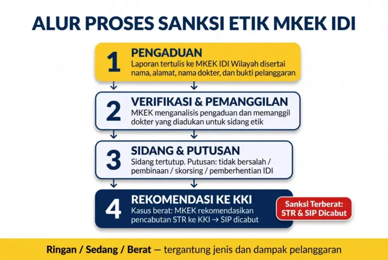 Flowchart alur sanksi MKEK IDI bagi dokter pelanggar kode etik: dari pengaduan hingga rekomendasi pencabutan STR dan SIP