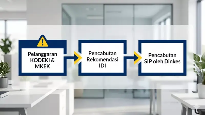 Bagan alur sanksi komersialisasi skincare dokter dari pelanggaran KODEKI, rekomendasi IDI dicabut, hingga SIP dinonaktifkan dinkes.
