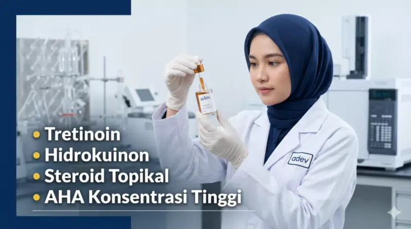 Ilmuwan kosmetik wanita berhijab di laboratorium memegang botol kosmetik adev berisi bahan aktif legal dengan resep dokter.