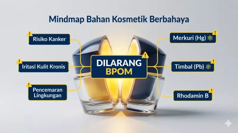 Mindmap visual bahan berbahaya dalam kosmetik yang dilarang mutlak oleh BPOM seperti merkuri dan timbal.