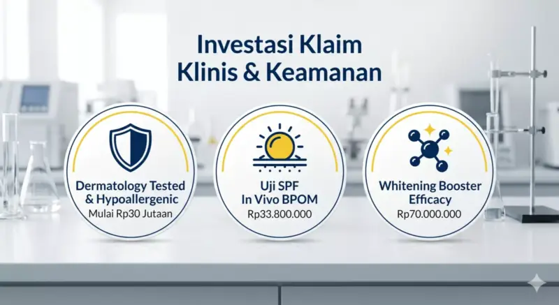 Visualisasi biaya uji laboratorium untuk klaim medis skincare seperti Dermatology Tested, SPF In Vivo, dan Whitening Booster.