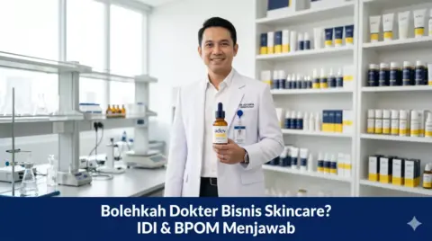 Dokter profesional Indonesia memegang produk skincare di laboratorium modern, ilustrasi bisnis skincare dokter legal