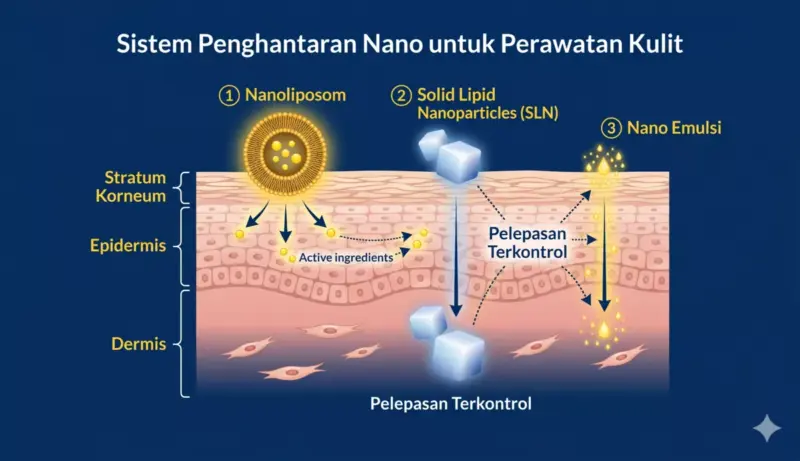 Diagram cara kerja kosmetik nano menunjukkan nanoliposom dan SLN menembus lapisan kulit dengan controlled release