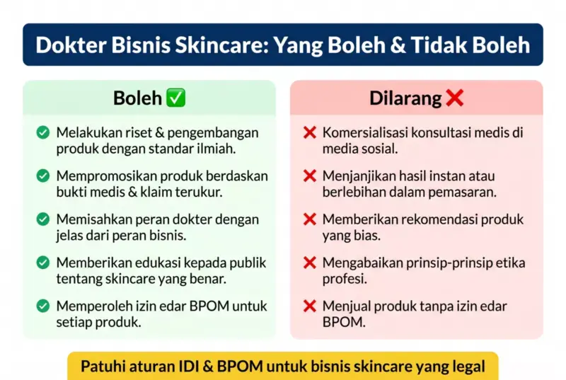 Infografis hal yang boleh dan tidak boleh dilakukan dokter dalam bisnis skincare menurut IDI dan BPOM