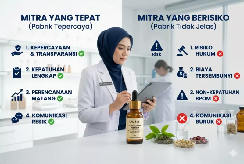 Dokter memeriksa checklist maklon skincare untuk memilih pabrik yang tepat