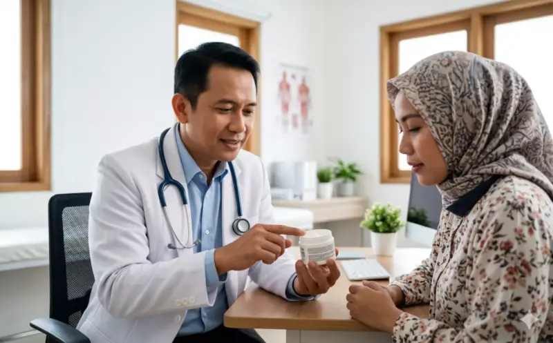 Dokter kulit menjelaskan formula skincare racikan kepada pasien di ruang konsultasi klinik