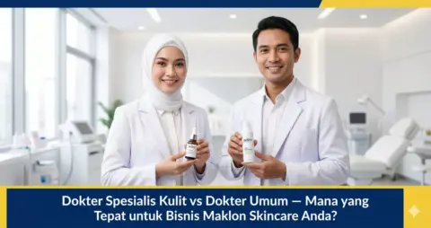 Dokter spesialis kulit dan dokter umum memegang produk skincare maklon adev di klinik modern