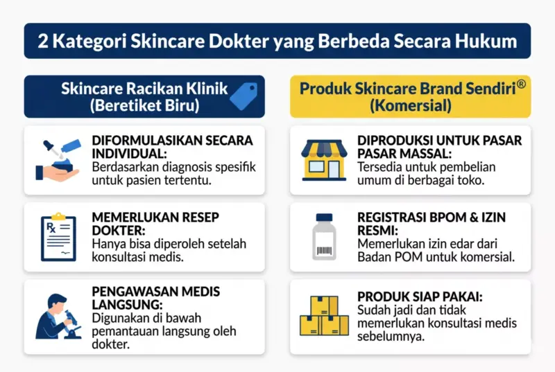 Infografis perbedaan skincare racikan klinik beretiket biru dan produk skincare brand komersial milik dokter