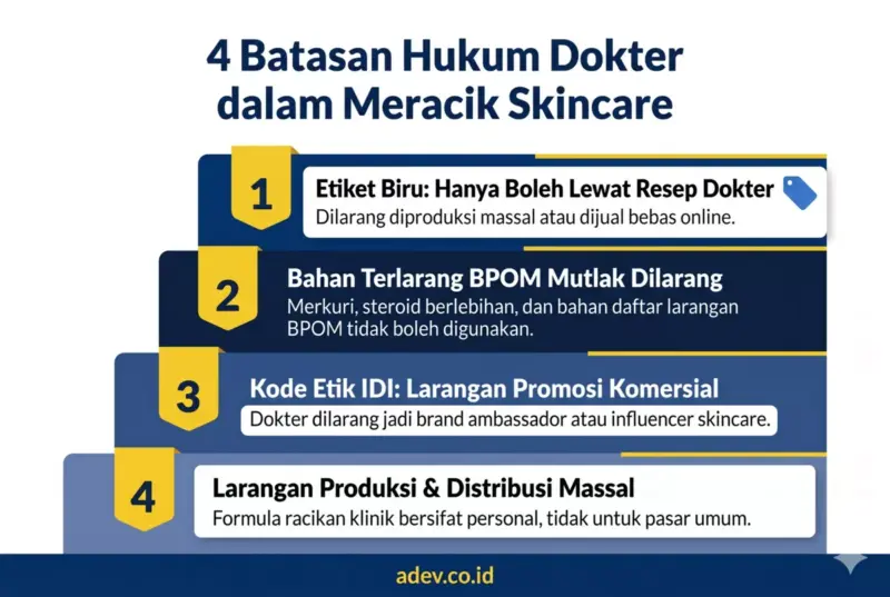 Infografis empat batasan hukum dokter dalam meracik skincare: etiket biru, bahan terlarang BPOM, kode etik IDI, dan larangan distribusi massal