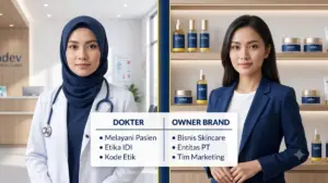 Ilustrasi dokter perempuan berhijab antara profesi medis dan bisnis skincare sesuai etika IDI