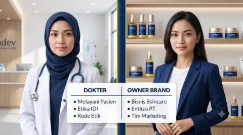 Ilustrasi dokter perempuan berhijab antara profesi medis dan bisnis skincare sesuai etika IDI