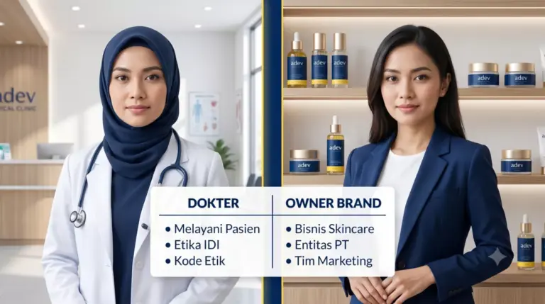 Ilustrasi dokter perempuan berhijab antara profesi medis dan bisnis skincare sesuai etika IDI