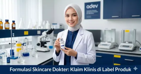 Dokter perempuan berhijab memegang produk skincare berlabel adev di laboratorium modern