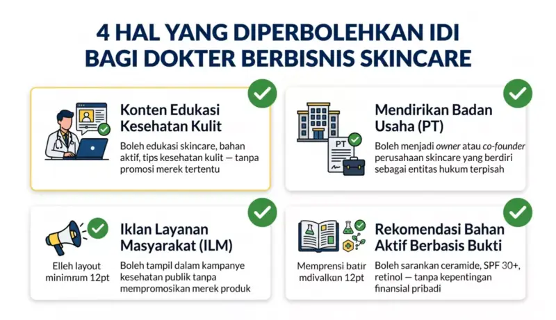 Infografis 4 hal yang dibolehkan IDI bagi dokter berbisnis skincare: edukasi, PT resmi, ILM, dan rekomendasi berbasis bukti