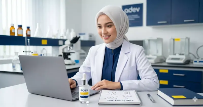 Dokter perempuan berhijab berkonsultasi formulasi skincare brand dokter bersama tim Adev di kantor modern terang