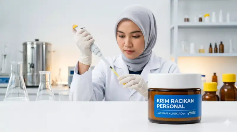 Produk krim racikan dokter berlabel etiket biru yang bersifat personal untuk satu pasien khusus di klinik.