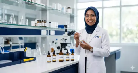 Ilmuwan kosmetik perempuan berhijab memegang serum skincare di laboratorium dermatologi modern