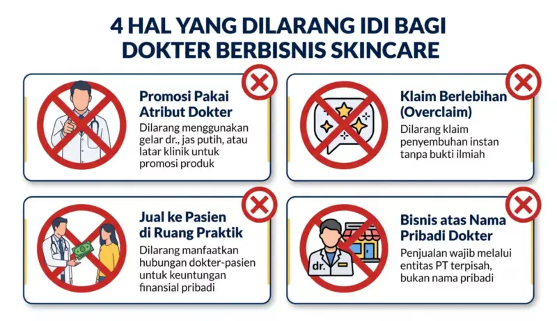 Infografis 4 larangan IDI bagi dokter berbisnis skincare: atribut dokter, overclaim, jual ke pasien, dan bisnis atas nama pribadi