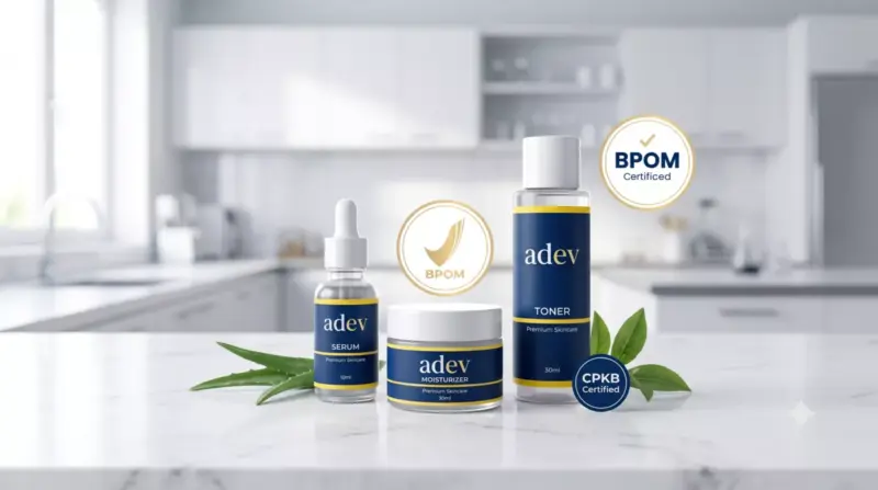 Produk skincare maklon berlabel adev di laboratorium modern berstandar BPOM dan CPKB untuk brand dokter