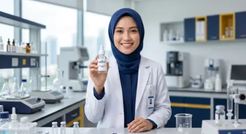 Dokter berhijab memegang botol serum kosmetik di laboratorium modern PT Adev Natural Indonesia.