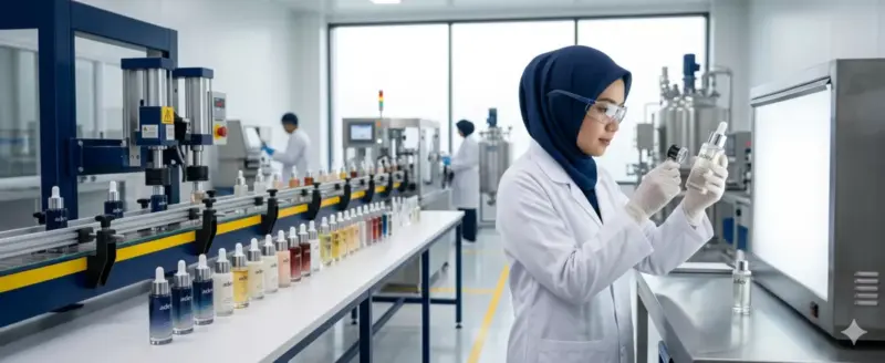 Fasilitas produksi maklon kosmetik PT Adev Natural Indonesia bersertifikat BPOM dengan ilmuwan perempuan berhijab melakukan quality check