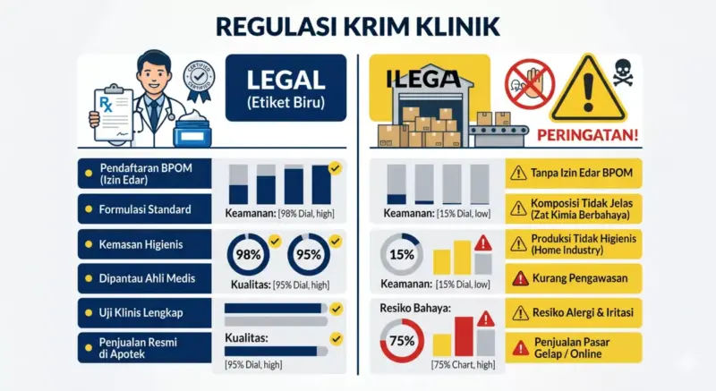 Infografis matriks perbedaan ketentuan hukum krim racikan etiket biru legal dan krim racikan tanpa izin BPOM.