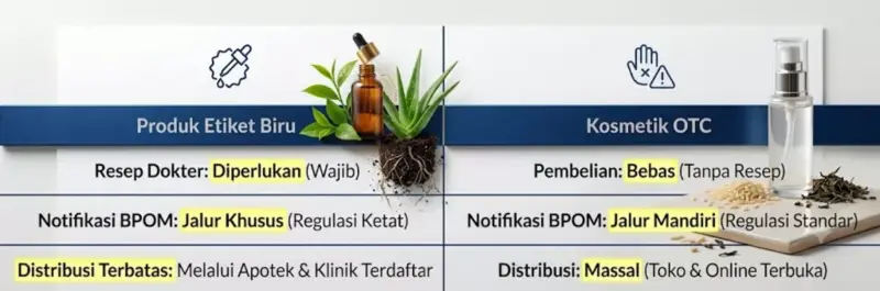 Grafik tabel perbandingan antara produk skincare etiket biru dokter dan kosmetik bebas OTC.