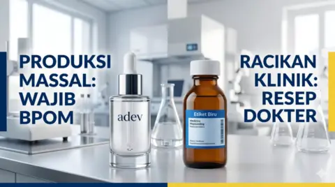 Infografis perbedaan produk skincare dokter produksi massal wajib BPOM dan krim racikan etiket biru klinik.