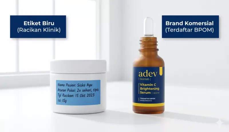 Perbandingan produk skincare etiket biru racikan klinik dan produk skincare brand komersial terdaftar BPOM
