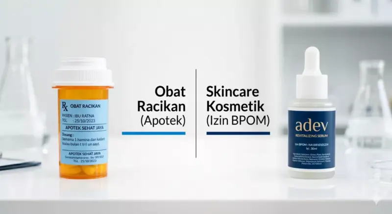 Perbedaan fisik dan jalur distribusi antara obat racikan etiket biru apotek dengan skincare kosmetik massal izin BPOM.