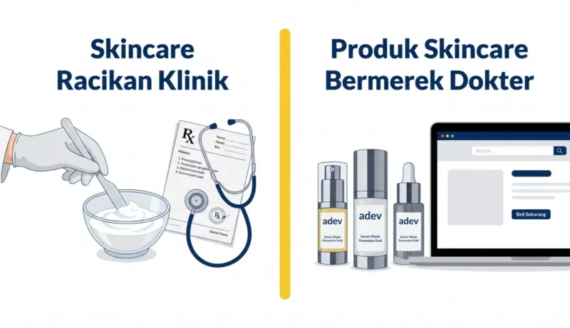 Infografis perbedaan skincare racikan klinik untuk pasien dengan produk skincare bermerek dokter yang dipasarkan