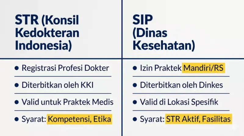 Infografis perbandingan fungsi dokumen STR dari KKI dan SIP dari Dinas Kesehatan terkait bisnis kosmetik dokter.