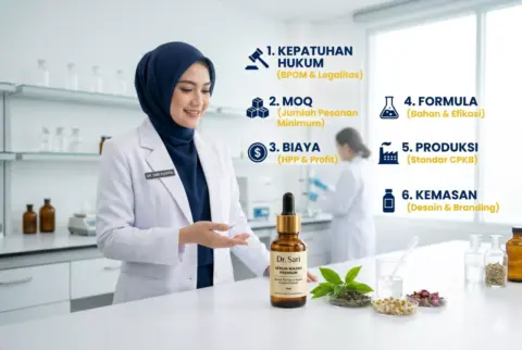 Dokter dan visual infografis maklon skincare legal, MOQ, biaya, formula, dan packaging