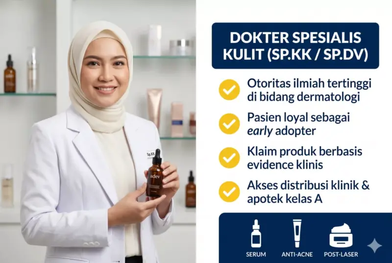 Dokter spesialis kulit Sp.KK memegang serum premium adev sebagai brand owner skincare maklon