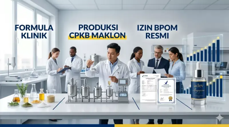 Alur proses maklon skincare dokter di PT Adev Natural Indonesia dari formula klinik hingga resmi izin BPOM.