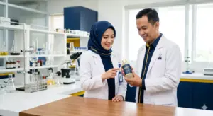 Dokter dan ilmuwan di laboratorium memeriksa produk skincare berizin BPOM untuk legalitas tenaga medis.